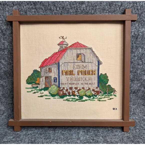 Chew Mail Pouch Tobacco Barn Cross-Stitched Wall Art With Frame Signed BEK Vtg - Picture 1 of 6